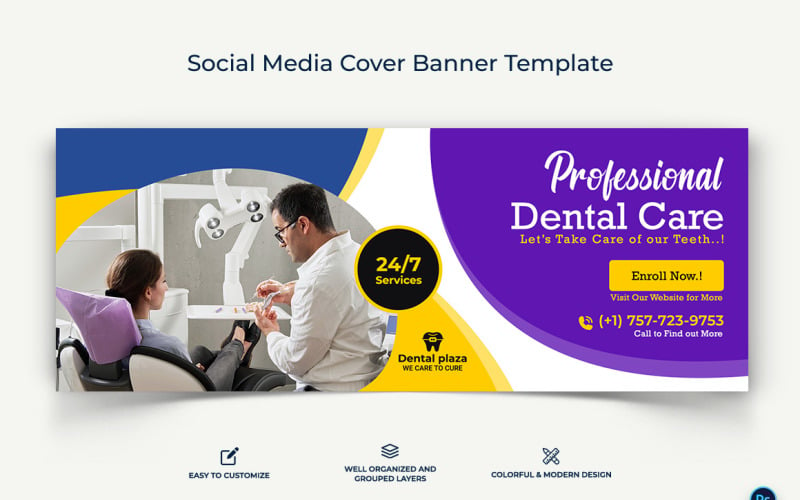 Tandheelkundige zorg Facebook Cover Banner ontwerpsjabloon-04
