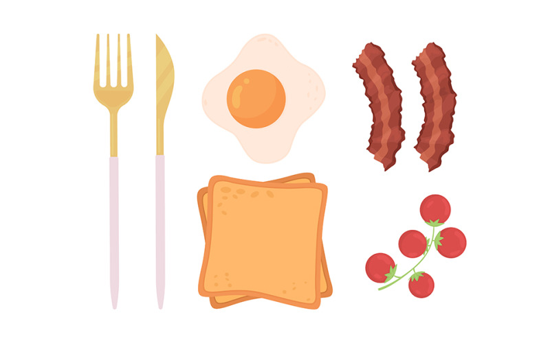 Conjunto de objetos vetoriais de cores semi planas de café da manhã