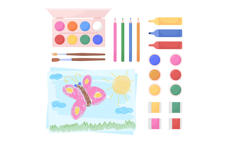 Tekenhulpmiddelen voor kinderen semi-egale kleur vector object set