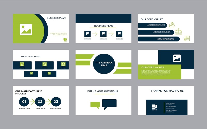 Vállalati 9 Pitch Deck resentation tervezősablon. Geometriai absztrakt formák összetétele