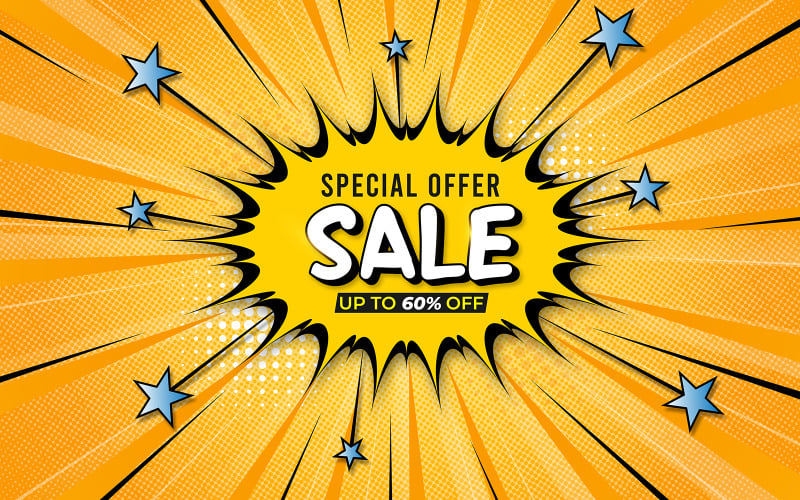 Vendita di sfondo in stile fumetto giallo e blu di design piatto con dettagli dell'offerta vettore gratuito