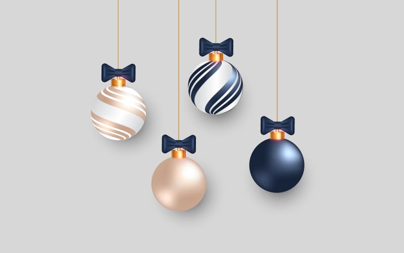 Samling av dekorativa julkulor och blått band