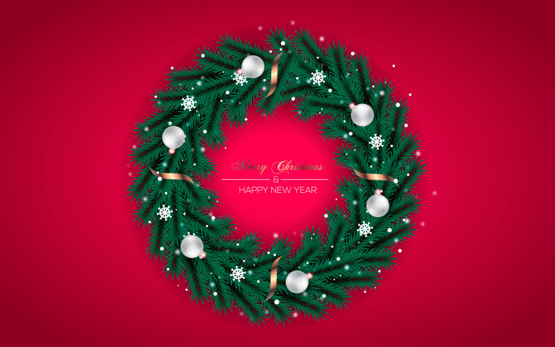 圣诞花环装饰与松枝圣诞球和金丝带