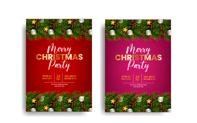 Folheto de festa de Natal ou design de pôster com galho de pinheiro e bola de Natal