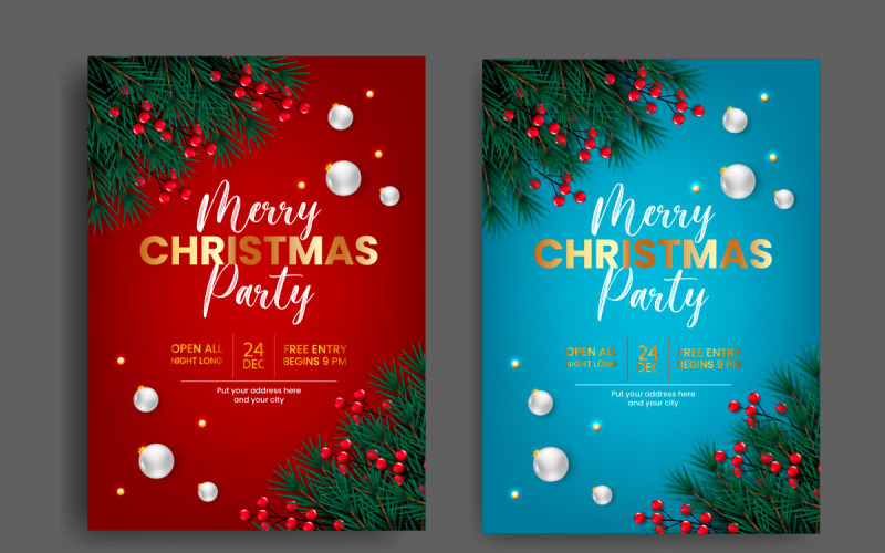 Modèle de conception de flyer ou d'affiche de fête de Noël avec décoration de branche de pin