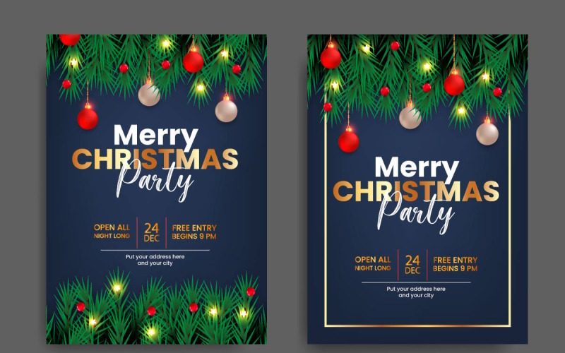 Plantilla de diseño de cartel o volante de fiesta de Navidad con rama de pino y bola