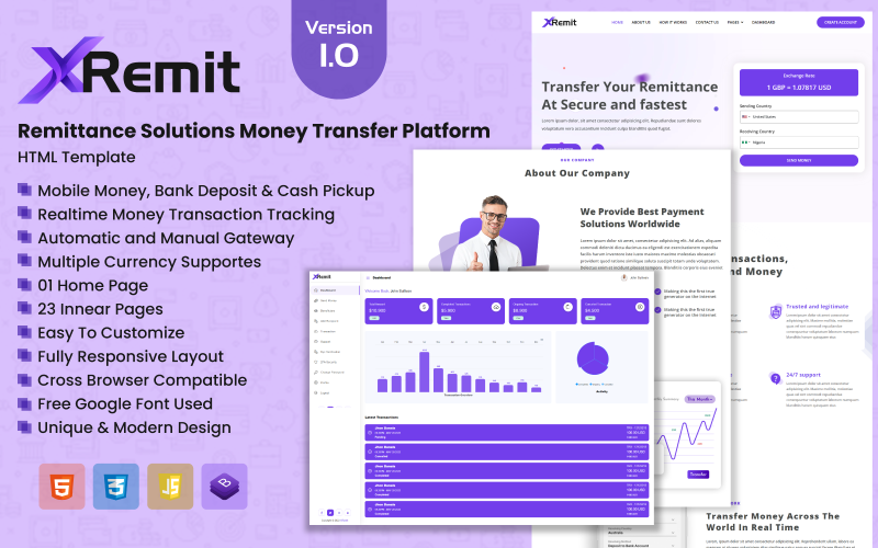 XRemit - Modelo HTML de transferência de dinheiro para soluções de remessa