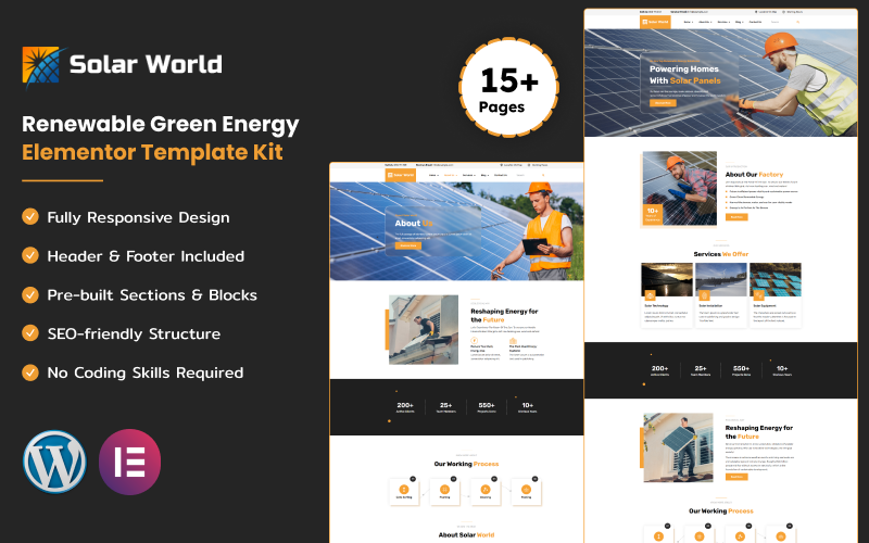 Solar World - набор шаблонов Elementor для возобновляемой зеленой энергии