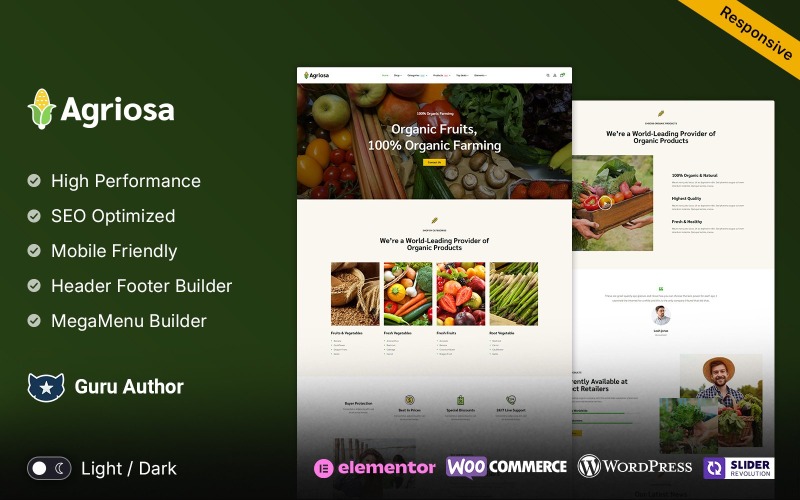 Agriosa — motyw WooCommerce Elementor z warzywami, owocami i artykułami spożywczymi