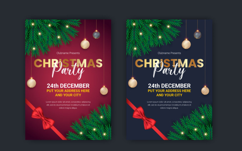 conception de flyer ou affiche de fête de noël décoration de modèle de boule de noël avec branche de pin