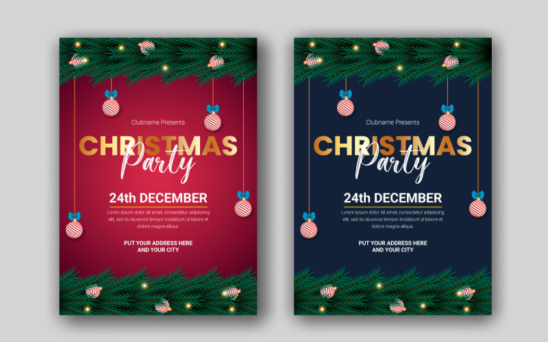décoration de modèle de conception de flyer ou affiche de fête de noël avec boule de noël et branche de pin