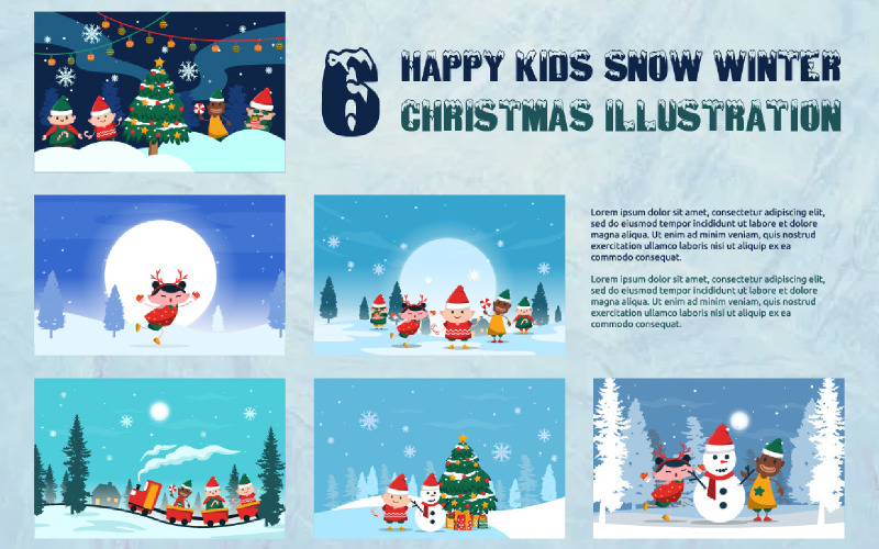 6 Crianças Felizes Ilustração de Natal de Inverno de Neve