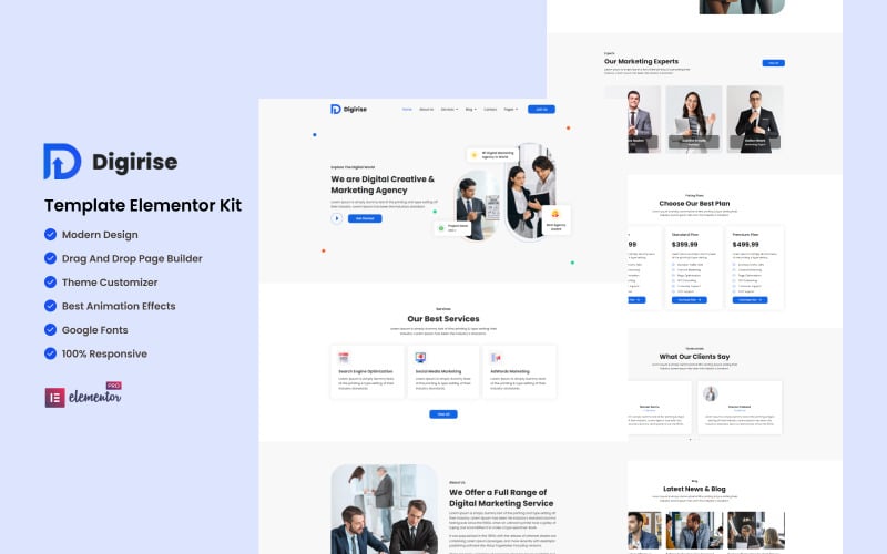 Digirise - Kit de modèles Elementor prêt à l'emploi pour agence de marketing