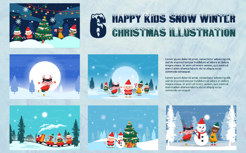6 šťastné děti sníh zimní vánoční ilustrace
