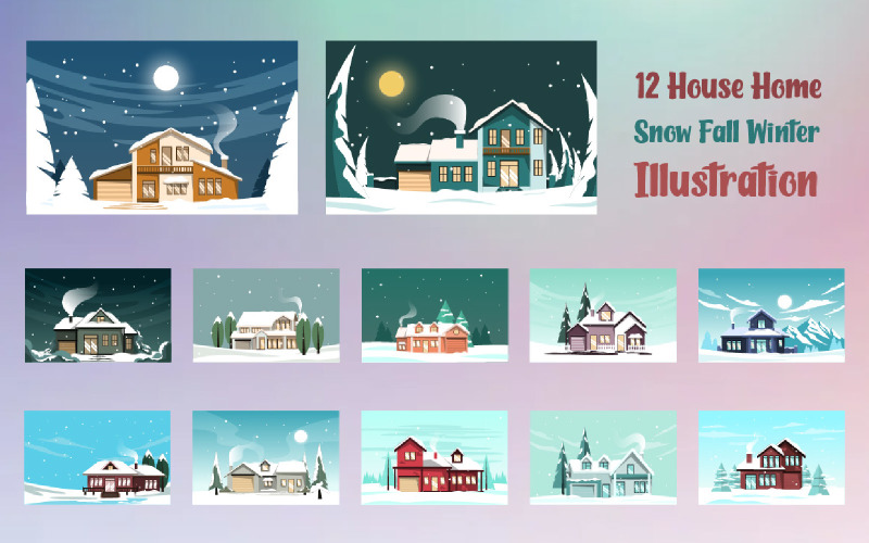 12 House Home  Snow Fall Winter Illustration