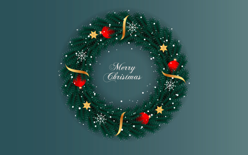 Guirlanda de Natal feliz e decoração de grinalda com bola de natal de galho de pinheiro e estrelas