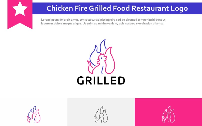 Logo Monoline del ristorante con cibo alla griglia con fiamma di fuoco di pollo