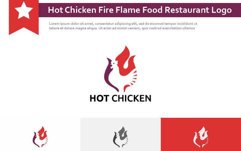 Logotipo de restaurante de comida a la parrilla con llama de fuego de pollo caliente