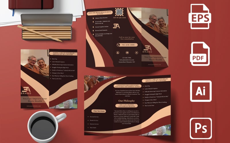Modèle de brochure élégante à trois volets marron | Design professionnel et prêt à imprimer