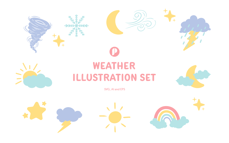Puha pasztell és játékos időjárás illusztrációs készlet