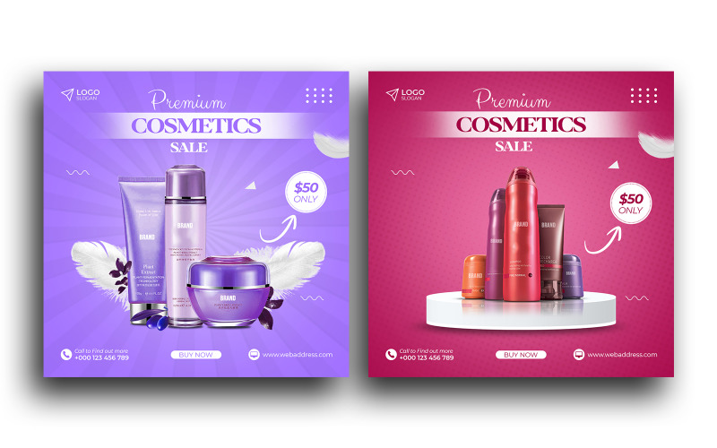 Venda de cosméticos, produtos de beleza, venda, mídia social, modelo de banner de postagem no instagram