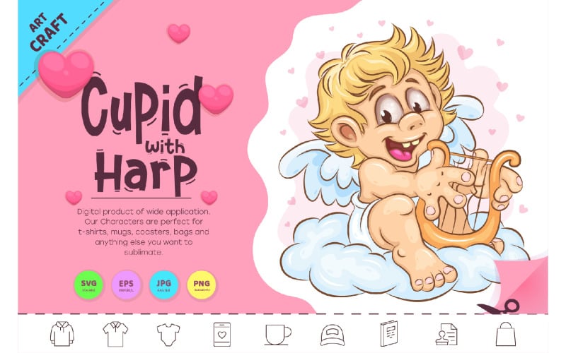 Cartoon Cupid with Harp. Clipart