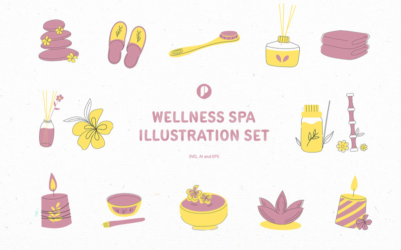 Ensemble d'illustration de spa bien-être jaune rose poussiéreux