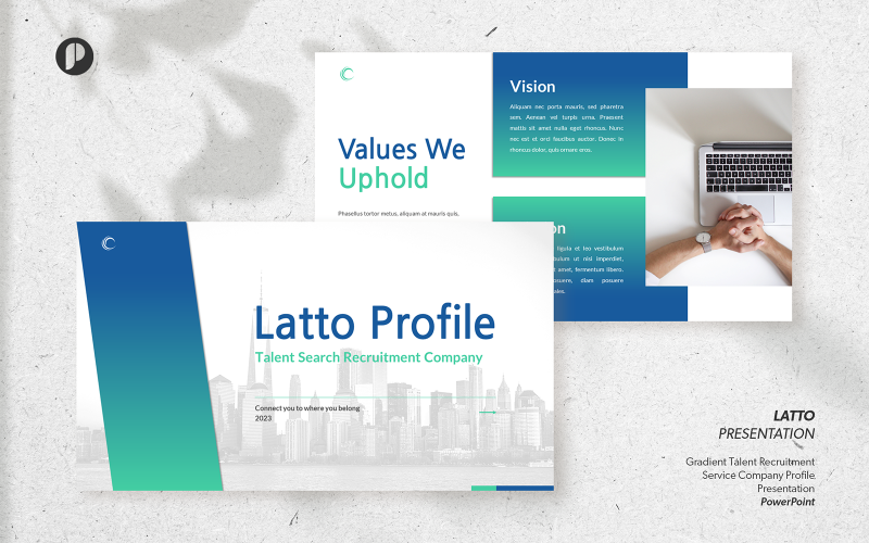 Latto - бело-синий градиент, презентация профиля компании, предоставляющей услуги по подбору талантов