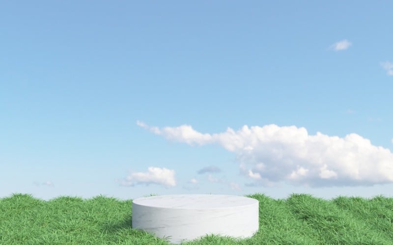 Cenário de pódio de mármore com campo de grama e fundo do céu