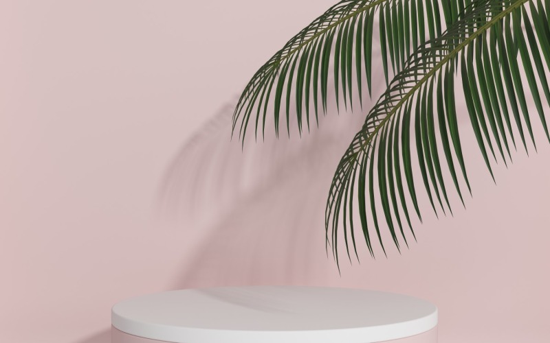 Podium blanc et rose avec feuilles de palmier pour l'affichage du produit