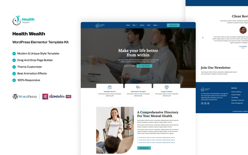 Saúde e Riqueza – Kit de Modelo WordPress Elementor para Serviços de Assistência