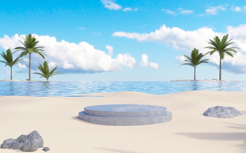 Podio con piedras y árboles tropicales y fondo de cielo azul