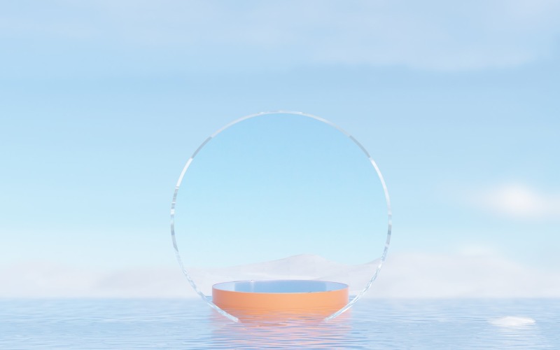 Podium met glazen cirkelvenster op de waterreflectie
