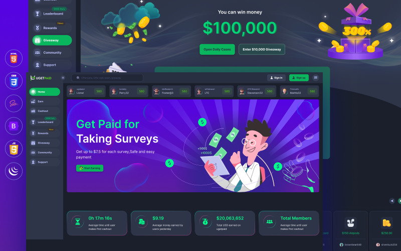 Ugetpaid - Sondage en ligne pour un modèle HTML de site Web payant