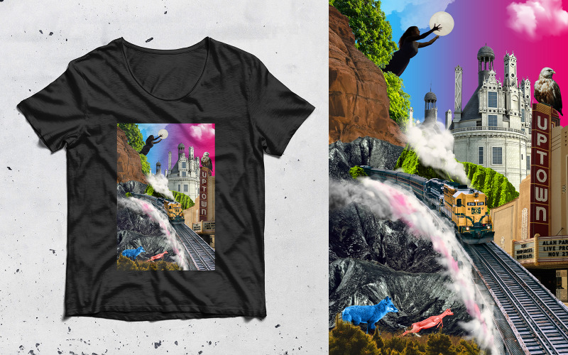 Collage kunst surrealisme T-shirt PSD-sjabloonontwerp