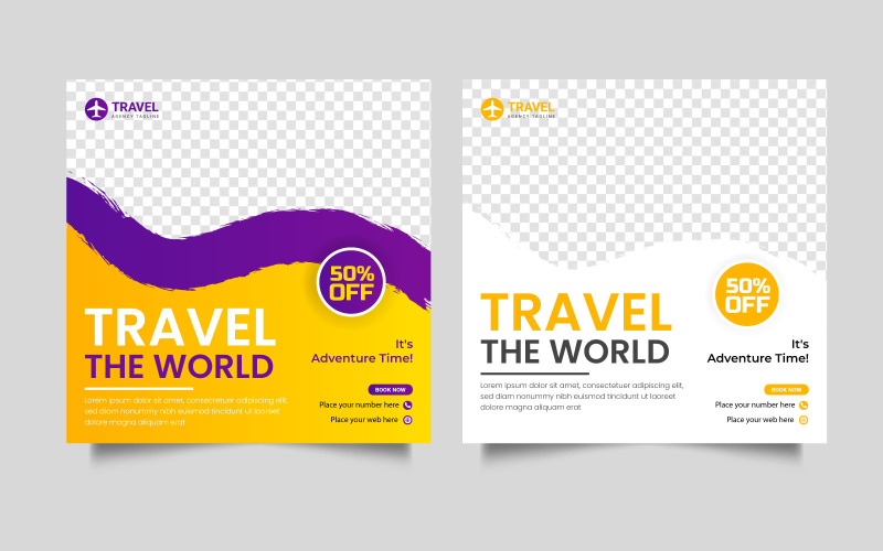 Modelo de design de postagem de mídia social de venda de viagens. Design de banner de anúncio de férias e turnê.
