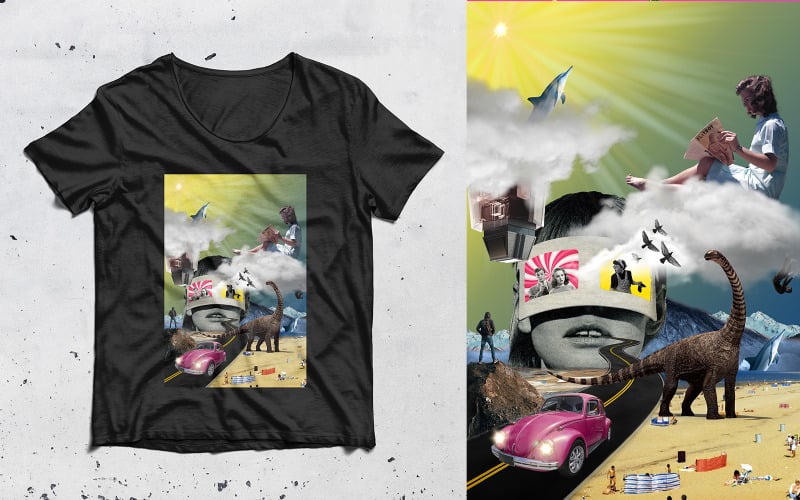 Moderne T-Shirt-Vorlage mit surrealem Design der Collagenkunst