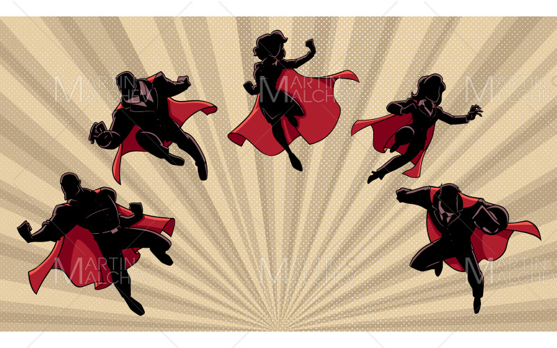 Süper İş Kahramanları Takım Siluetleri Eylem Vektörü Resimlerinde