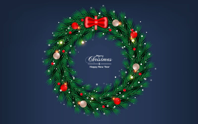 Diseño de vector de corona de navidad texto de feliz navidad con diseño de bola de navidad