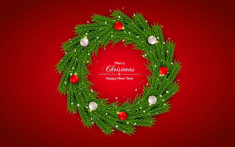 Weihnachtskranz-Vektor-Konzeption. Text der frohen Weihnachten im Graskranzelement mit Bällen