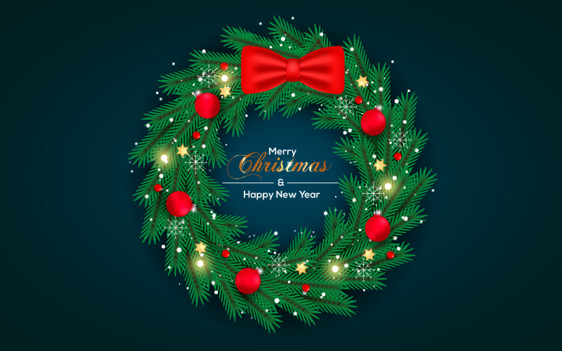 Çam dalı ve noel topları ile süslemeler arka plan ile Mutlu Noel çelengi