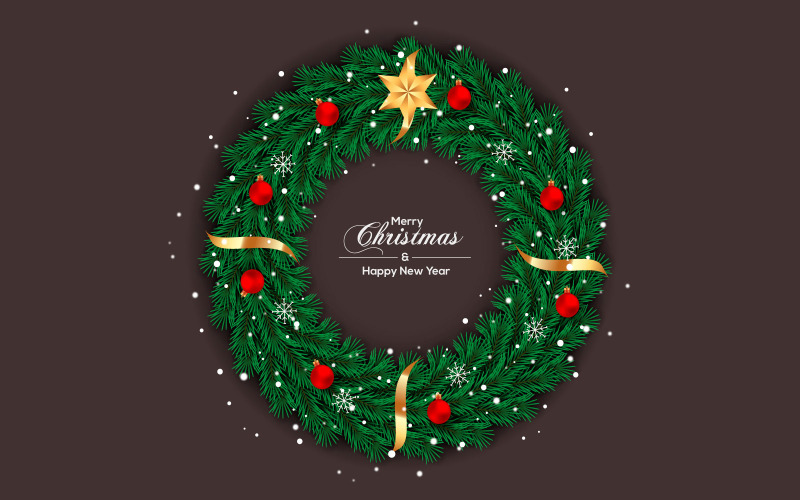Çam dalı ve yıldız konsepti ile renkli arka planda süslemeli Noel çelengi