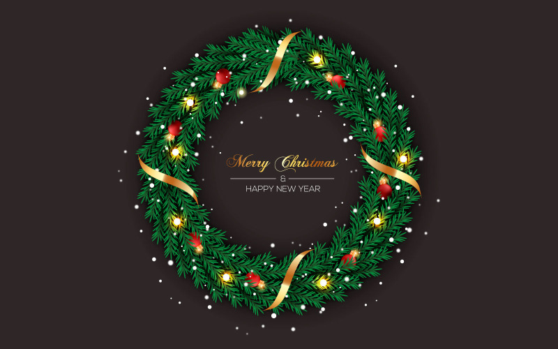 Çam dalı ve yıldızlarla renkli arka planda süslemeli Noel çelengi