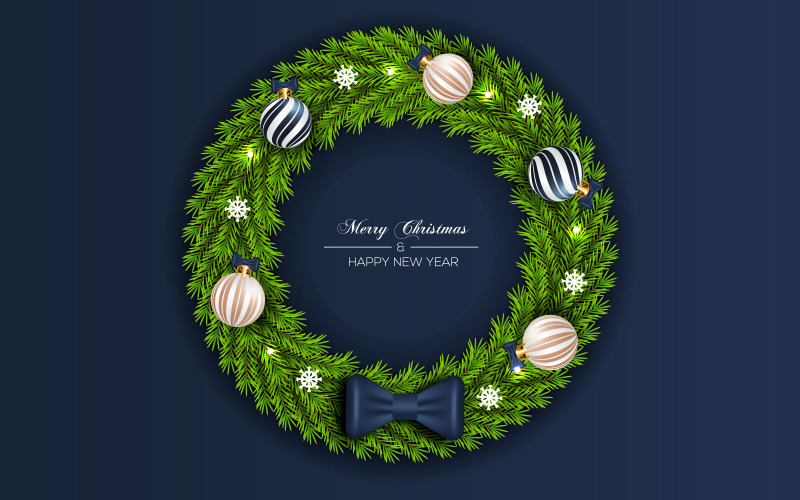 Christmas wreath with decorations isolated on  background with pine branch