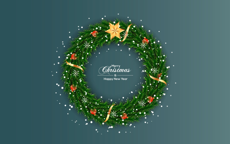 Corona di buon Natale con sfondo di decorazioni con concetto di ramo di pino