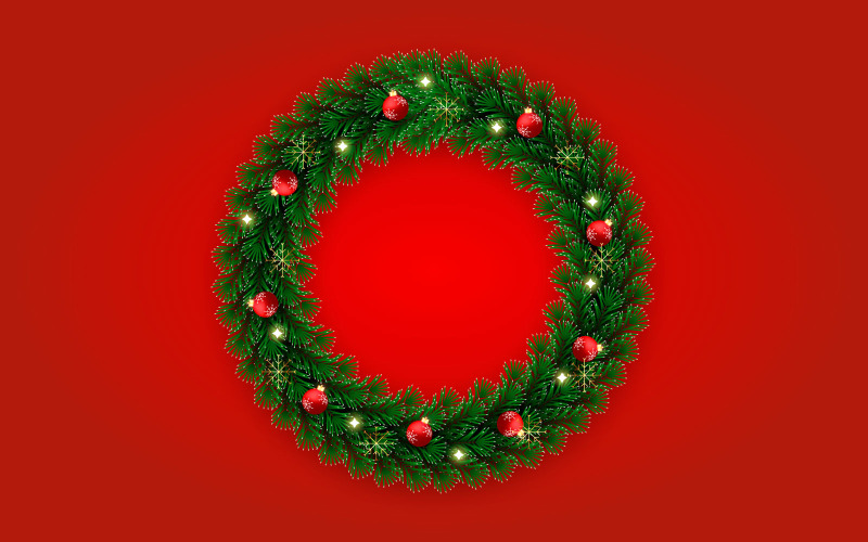 Decoración de plantilla de corona de navidad realista con rama de pino y concepto de bola de navidad