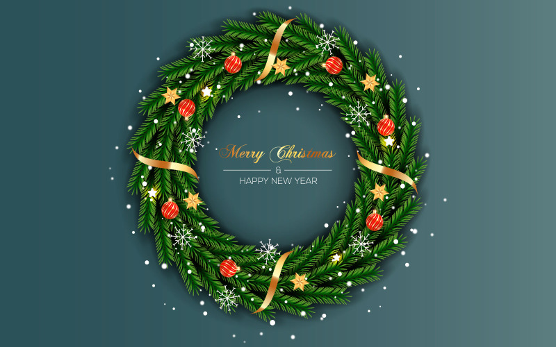 Kerstkrans met decoraties kleur achtergrond met dennentak