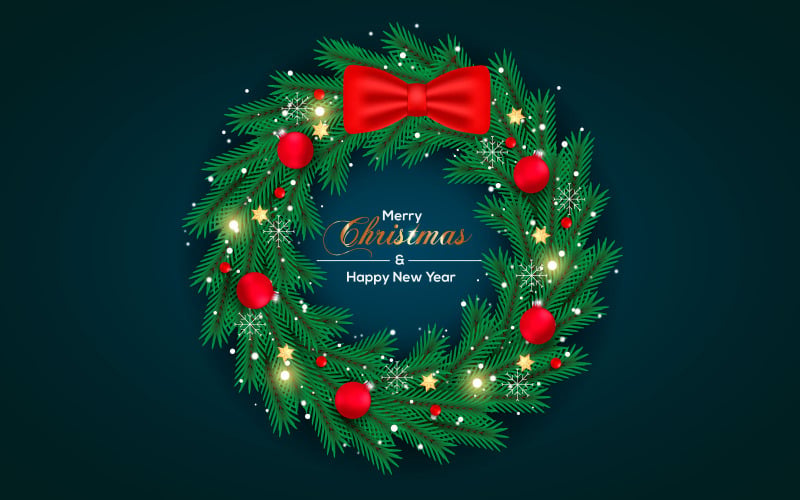 Merry Christmas krans met decoraties achtergrond met dennentak en kerstballen