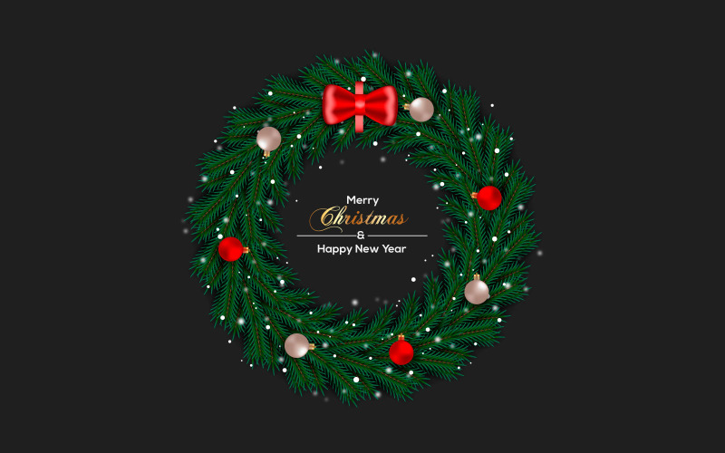 Realistische frohe weihnachtskranzschablonendekoration mit tannenzweig und weihnachtskugel