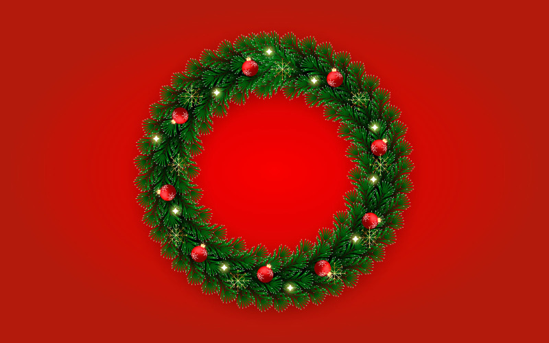 Realistyczna dekoracja szablonu wieniec bożonarodzeniowy z koncepcją gałęzi sosny i bombki